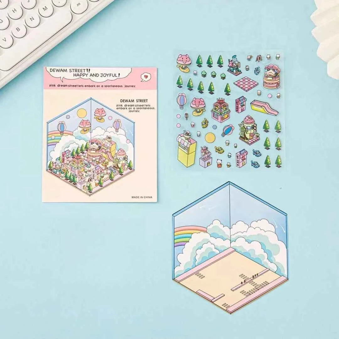 Happy Holiday 3D Isometric Room Stickers - 6 Theme Sets: Picnic | Spring Party | Amusement Park | Beach | Magical Library | Record Store - SNSEASY