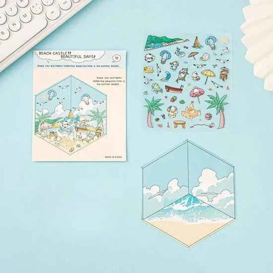 Happy Holiday 3D Isometric Room Stickers - 6 Theme Sets: Picnic | Spring Party | Amusement Park | Beach | Magical Library | Record Store - SNSEASY