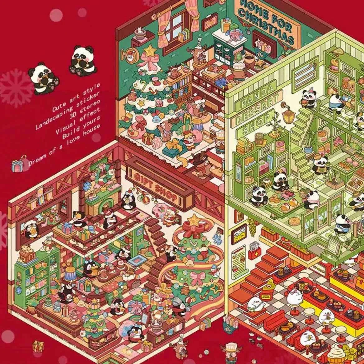 Christmas Limited 3D Isometric Room Stickers - 4 Theme Sets: Christmas Family Party | Christmas Gift Shop | Panda Dessert Shop | Chick Burger Shop - SNSEASY