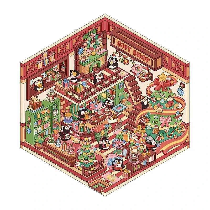 Christmas Limited 3D Isometric Room Stickers - 4 Theme Sets: Christmas Family Party | Christmas Gift Shop | Panda Dessert Shop | Chick Burger Shop - SNSEASY