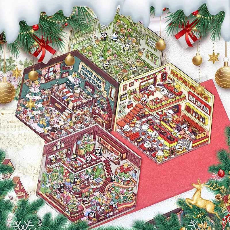 Christmas Limited 3D Isometric Room Stickers - 4 Theme Sets: Christmas Family Party | Christmas Gift Shop | Panda Dessert Shop | Chick Burger Shop - SNSEASY