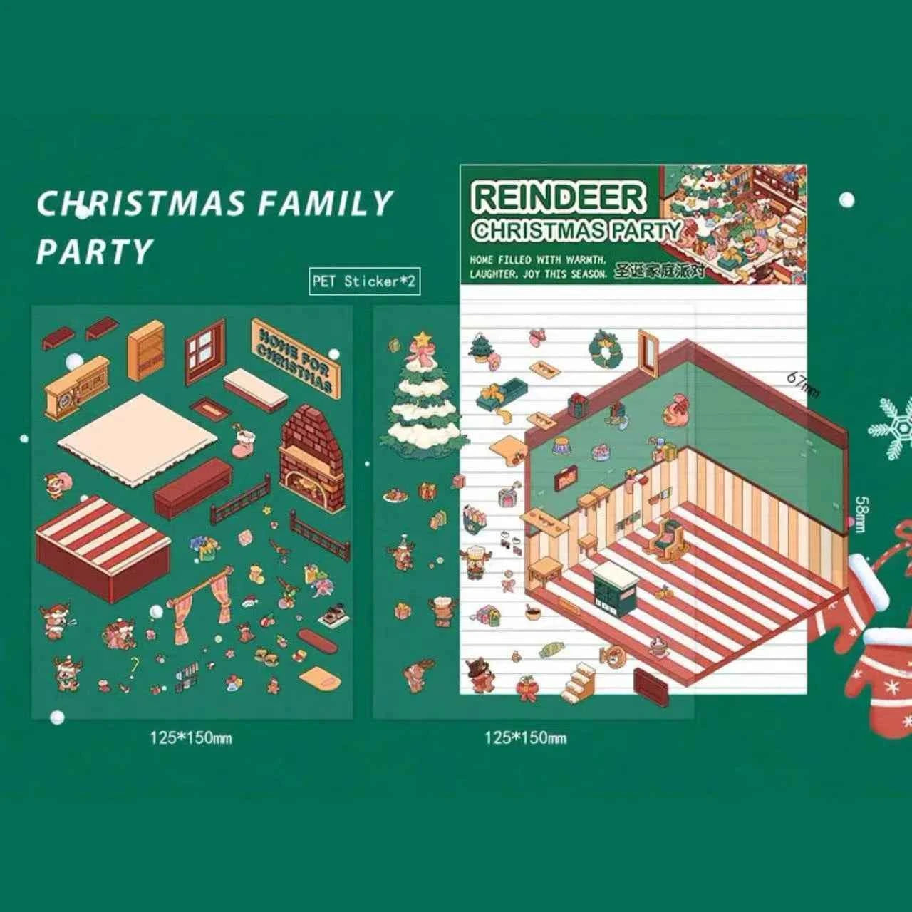 Christmas Limited 3D Isometric Room Stickers - 4 Theme Sets: Christmas Family Party | Christmas Gift Shop | Panda Dessert Shop | Chick Burger Shop - SNSEASY