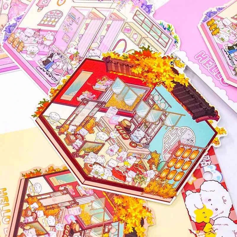 Puppy & Bunny Family 3D Isometric Room Stickers - 4 Theme Sets: Spring Happy Family | Summer Clothing Shop | Autumn Chinese Restaurant | Winter Hot Spring - SNSEASY