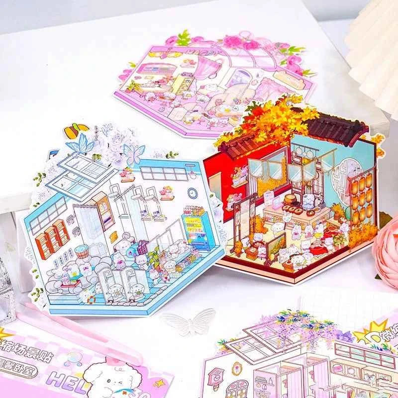 Puppy & Bunny Family 3D Isometric Room Stickers - 4 Theme Sets: Spring Happy Family | Summer Clothing Shop | Autumn Chinese Restaurant | Winter Hot Spring - SNSEASY
