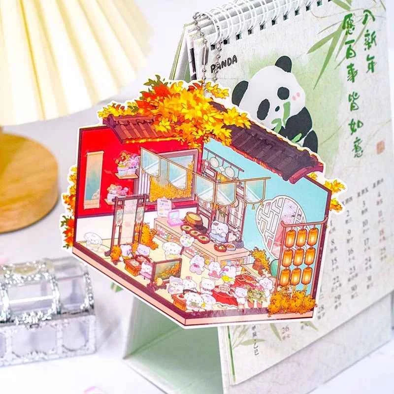Puppy & Bunny Family 3D Isometric Room Stickers - 4 Theme Sets: Spring Happy Family | Summer Clothing Shop | Autumn Chinese Restaurant | Winter Hot Spring - SNSEASY