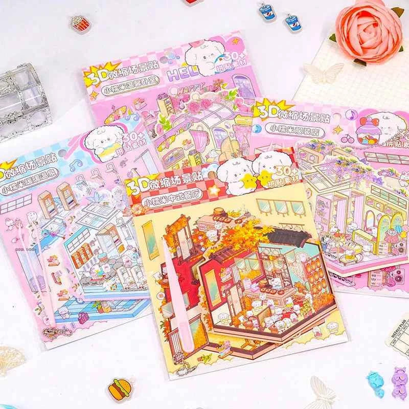 Puppy & Bunny Family 3D Isometric Room Stickers - 4 Theme Sets: Spring Happy Family | Summer Clothing Shop | Autumn Chinese Restaurant | Winter Hot Spring - SNSEASY