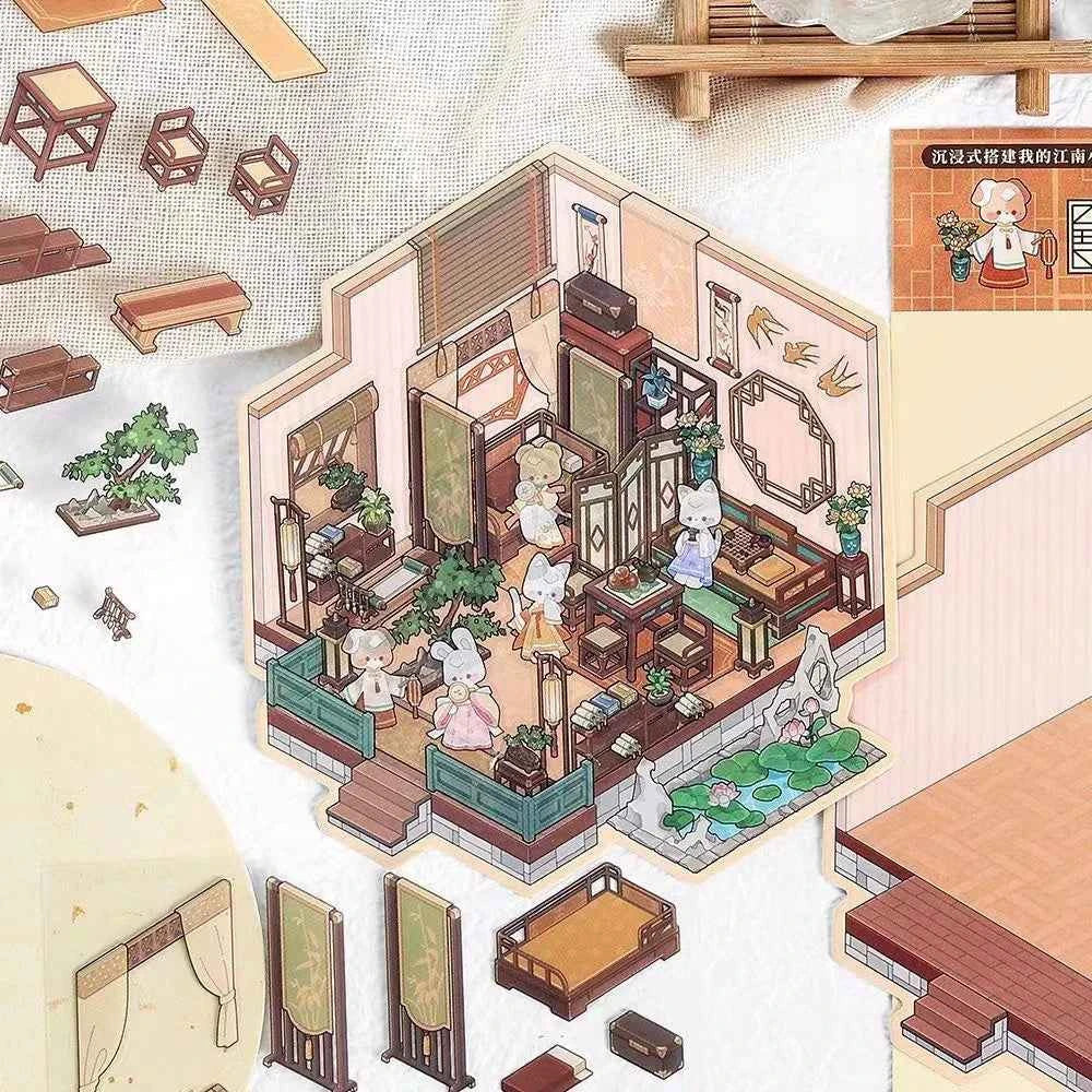 Chinese Ancient House 3D Isometric Room Stickers - 4 Theme Sets: Ancient Music Hall | Go Game Pavilion | Leisure Hall | Courtyard Garden - SNSEASY