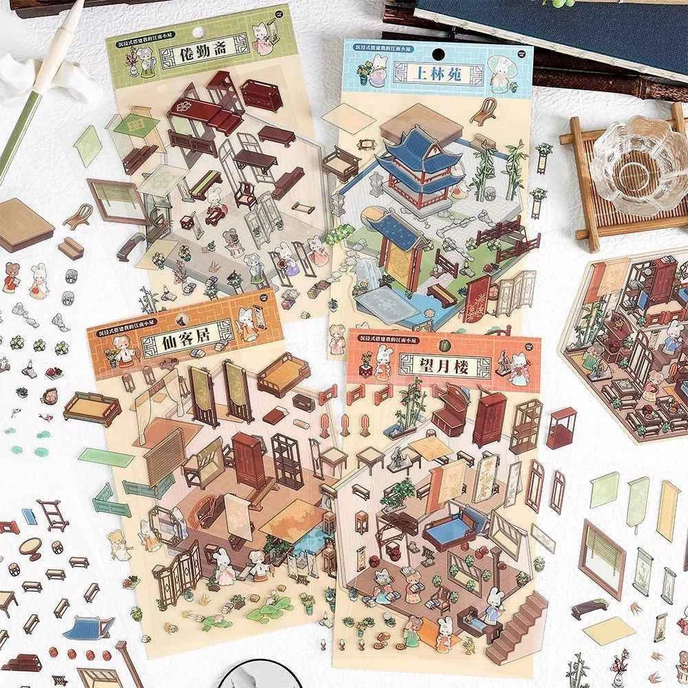 Chinese Ancient House 3D Isometric Room Stickers - 4 Theme Sets: Ancient Music Hall | Go Game Pavilion | Leisure Hall | Courtyard Garden - SNSEASY