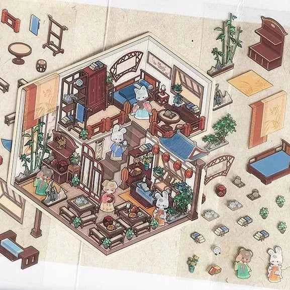 Chinese Ancient House 3D Isometric Room Stickers - 4 Theme Sets: Ancient Music Hall | Go Game Pavilion | Leisure Hall | Courtyard Garden - SNSEASY