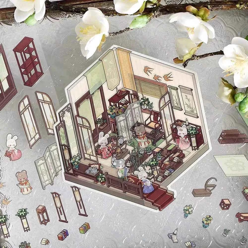 Chinese Ancient House 3D Isometric Room Stickers - 4 Theme Sets: Ancient Music Hall | Go Game Pavilion | Leisure Hall | Courtyard Garden - SNSEASY