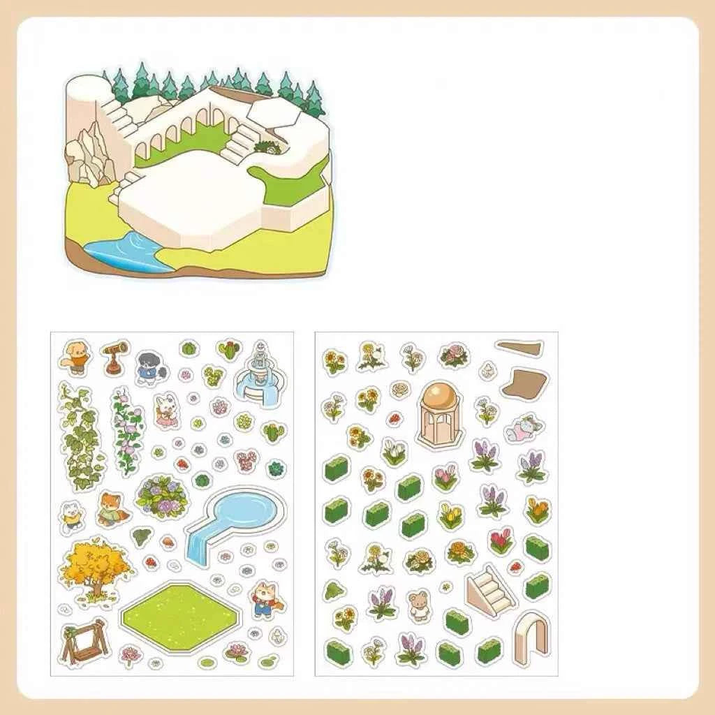 Cute Animals 3D Isometric Room Stickers Scene - 4 Theme Sets: 3-Story House | Conveyor Sushi Restaurant | Outdoor Garden | Bar - SNSEASY