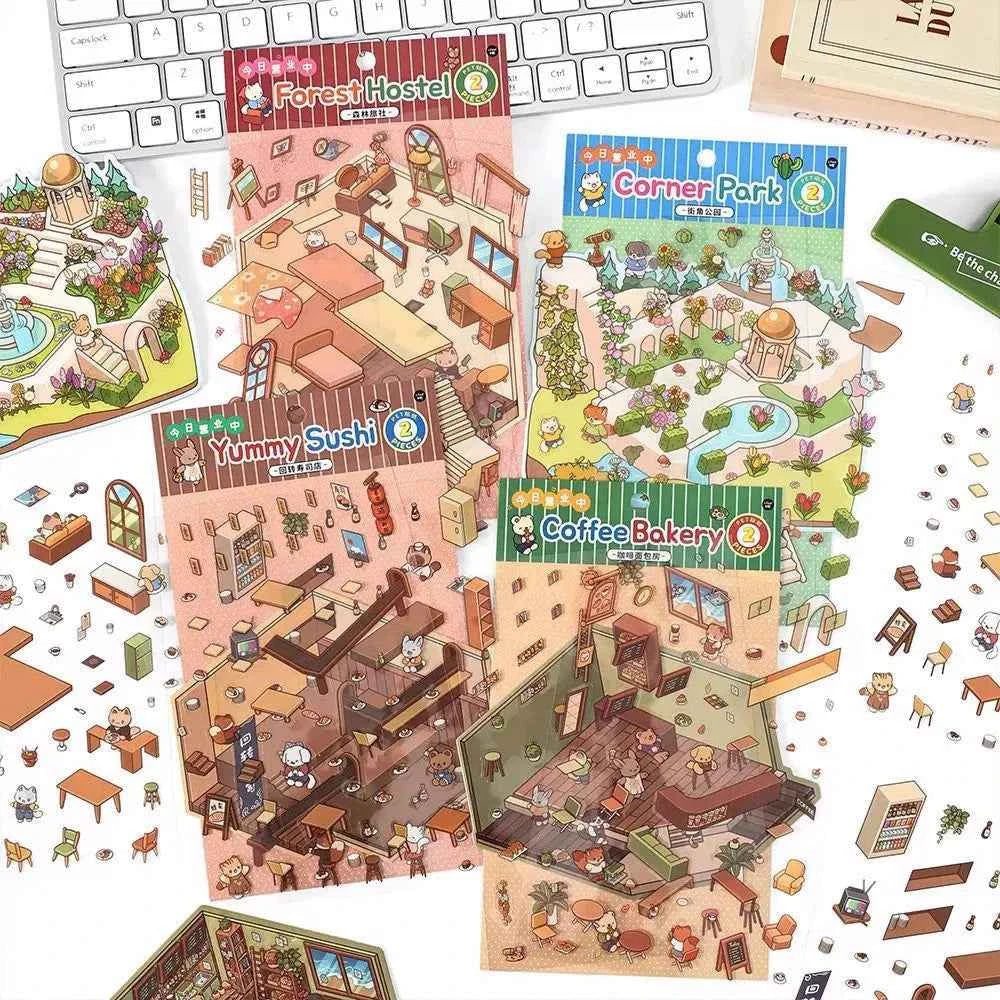 Cute Animals 3D Isometric Room Stickers Scene - 4 Theme Sets: 3-Story House | Conveyor Sushi Restaurant | Outdoor Garden | Bar - SNSEASY