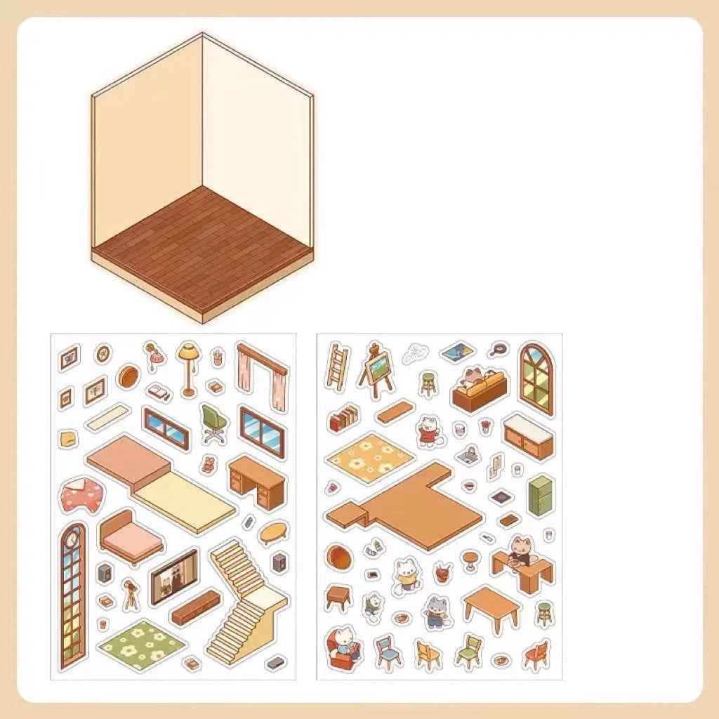 Cute Animals 3D Isometric Room Stickers Scene - 4 Theme Sets: 3-Story House | Conveyor Sushi Restaurant | Outdoor Garden | Bar - SNSEASY