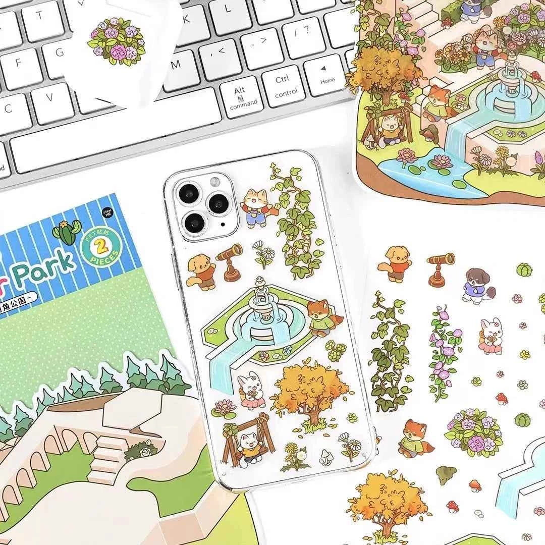 Cute Animals 3D Isometric Room Stickers Scene - 4 Theme Sets: 3-Story House | Conveyor Sushi Restaurant | Outdoor Garden | Bar - SNSEASY