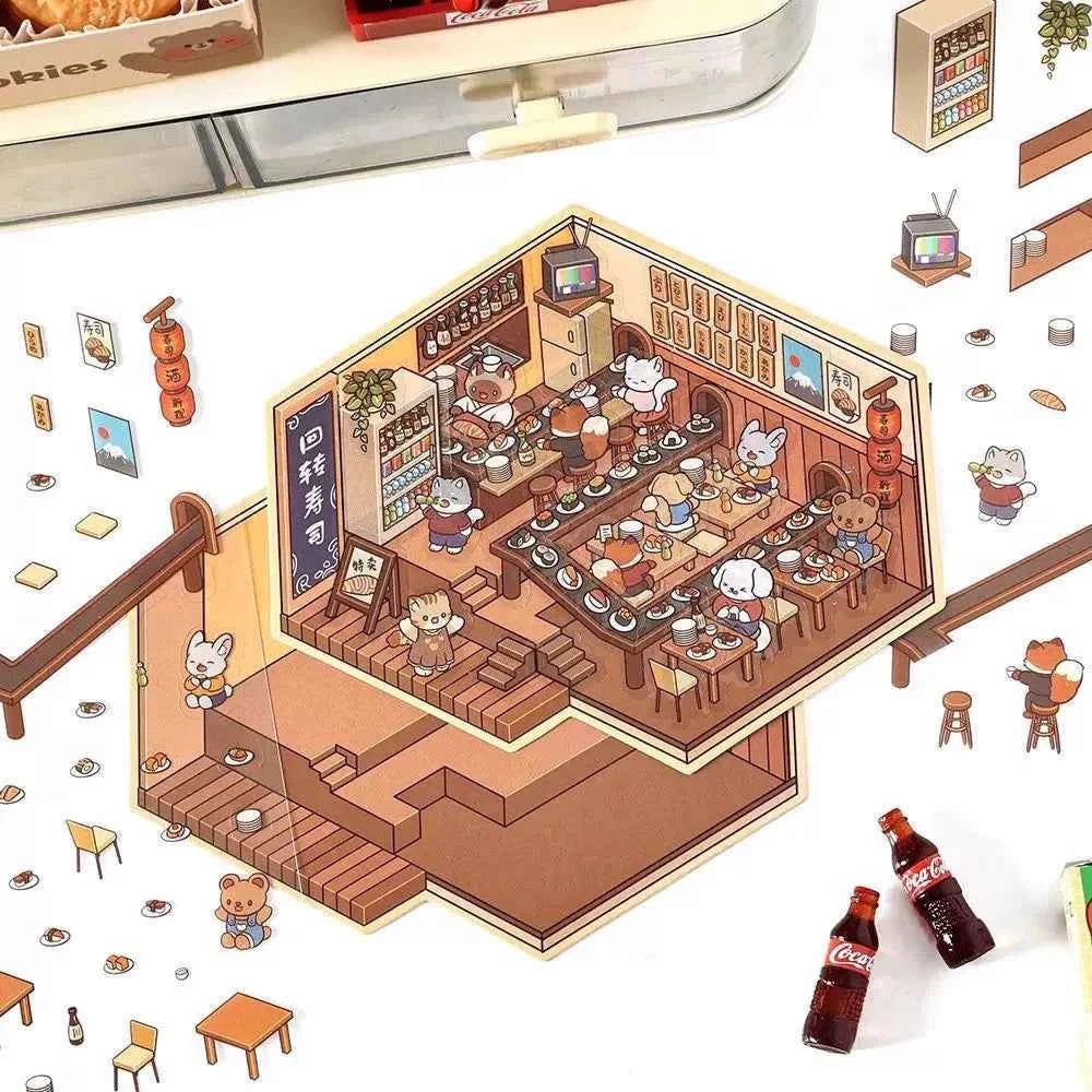 Cute Animals 3D Isometric Room Stickers Scene - 4 Theme Sets: 3-Story House | Conveyor Sushi Restaurant | Outdoor Garden | Bar - SNSEASY