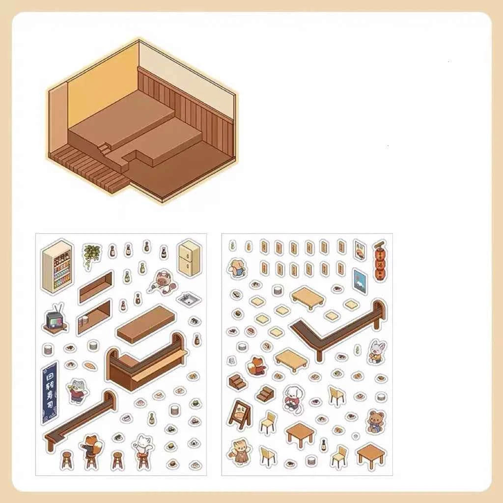 Cute Animals 3D Isometric Room Stickers Scene - 4 Theme Sets: 3-Story House | Conveyor Sushi Restaurant | Outdoor Garden | Bar - SNSEASY