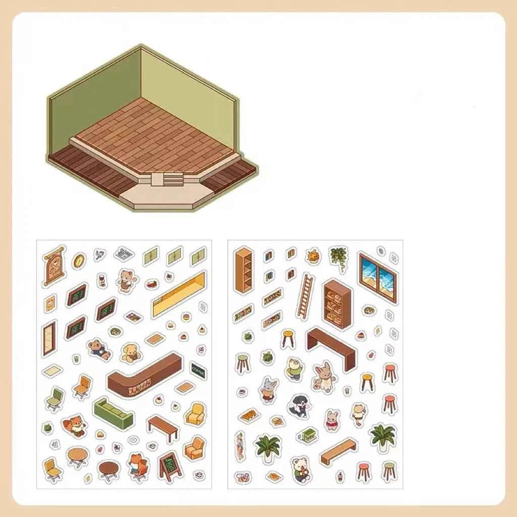 Cute Animals 3D Isometric Room Stickers Scene - 4 Theme Sets: 3-Story House | Conveyor Sushi Restaurant | Outdoor Garden | Bar - SNSEASY