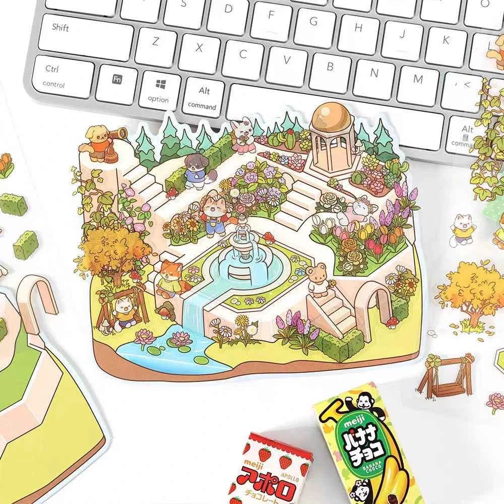 Cute Animals 3D Isometric Room Stickers Scene - 4 Theme Sets: 3-Story House | Conveyor Sushi Restaurant | Outdoor Garden | Bar - SNSEASY