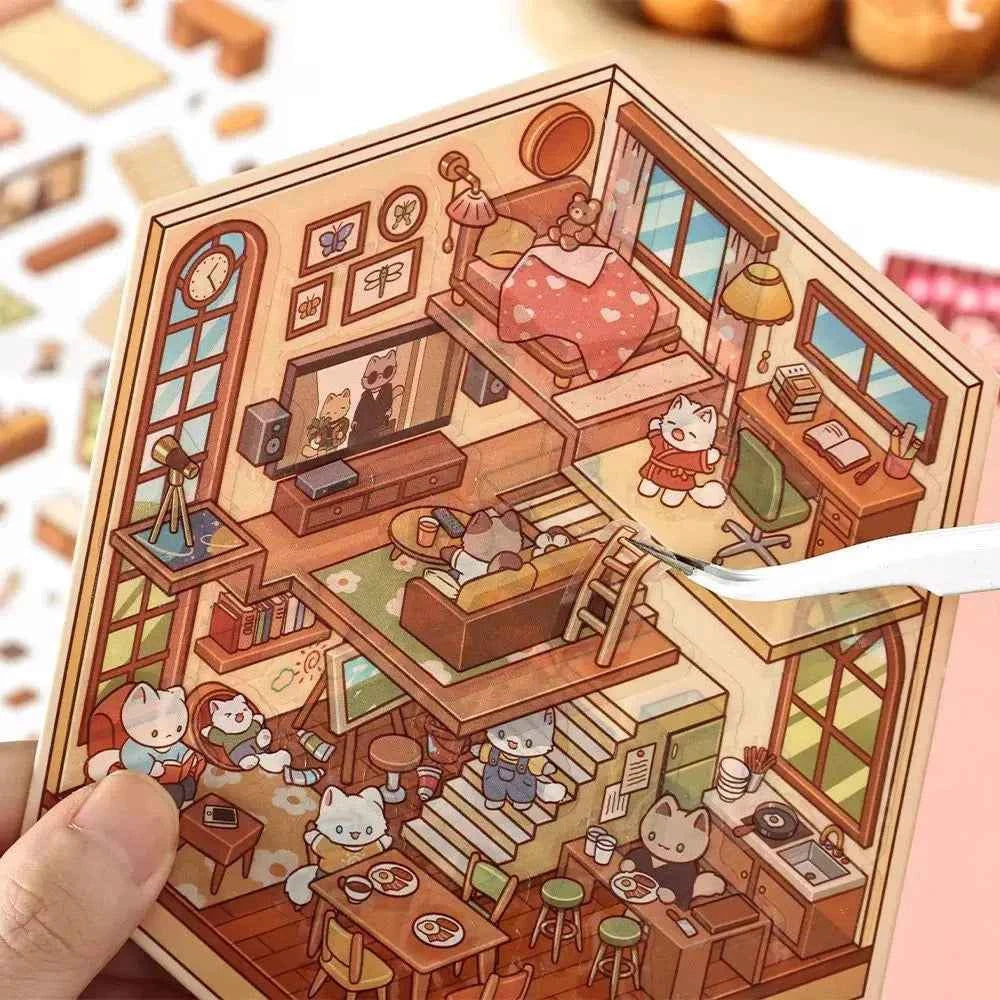 Cute Animals 3D Isometric Room Stickers Scene - 4 Theme Sets: 3-Story House | Conveyor Sushi Restaurant | Outdoor Garden | Bar - SNSEASY