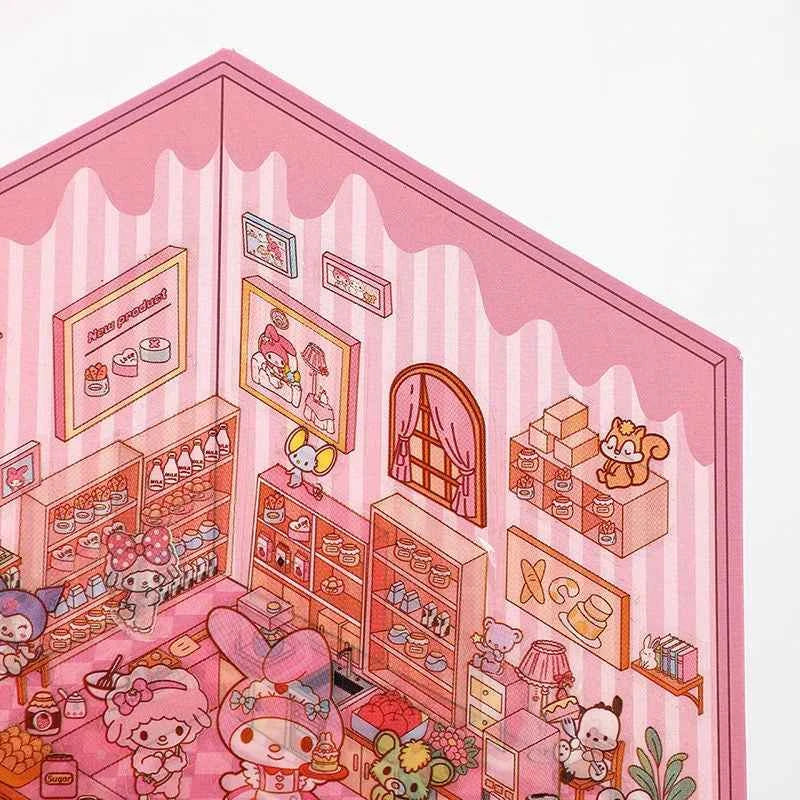 Sanrio Cute Hello Kitty 3D Isometric Room Stickers Scene - 4 Theme Sets: Music Party | Dessert House | Arcade | Library - SNSEASY