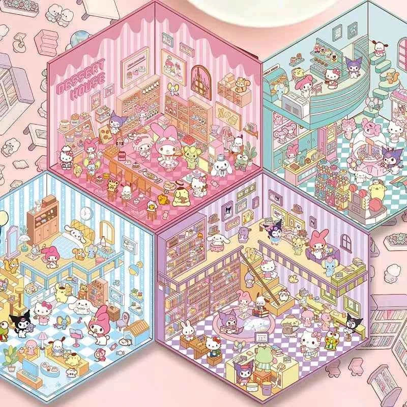 Sanrio Cute Hello Kitty 3D Isometric Room Stickers Scene - 4 Theme Sets: Music Party | Dessert House | Arcade | Library - SNSEASY