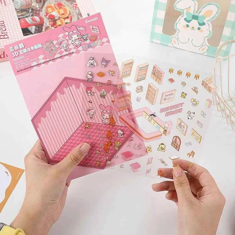 Sanrio Cute Hello Kitty 3D Isometric Room Stickers Scene - 4 Theme Sets: Music Party | Dessert House | Arcade | Library - SNSEASY