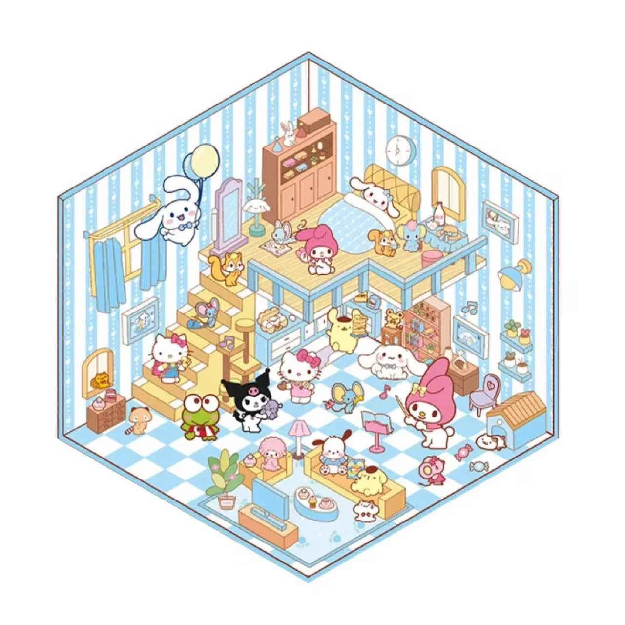 Sanrio Cute Hello Kitty 3D Isometric Room Stickers Scene - 4 Theme Sets: Music Party | Dessert House | Arcade | Library - SNSEASY