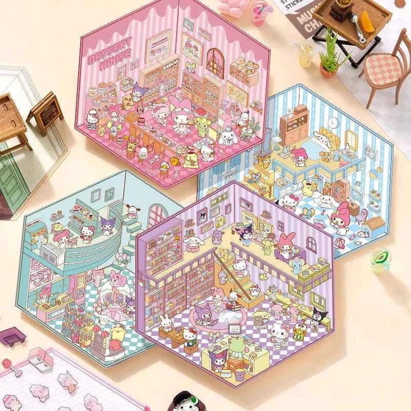 Sanrio Cute Hello Kitty 3D Isometric Room Stickers Scene - 4 Theme Sets: Music Party | Dessert House | Arcade | Library - SNSEASY