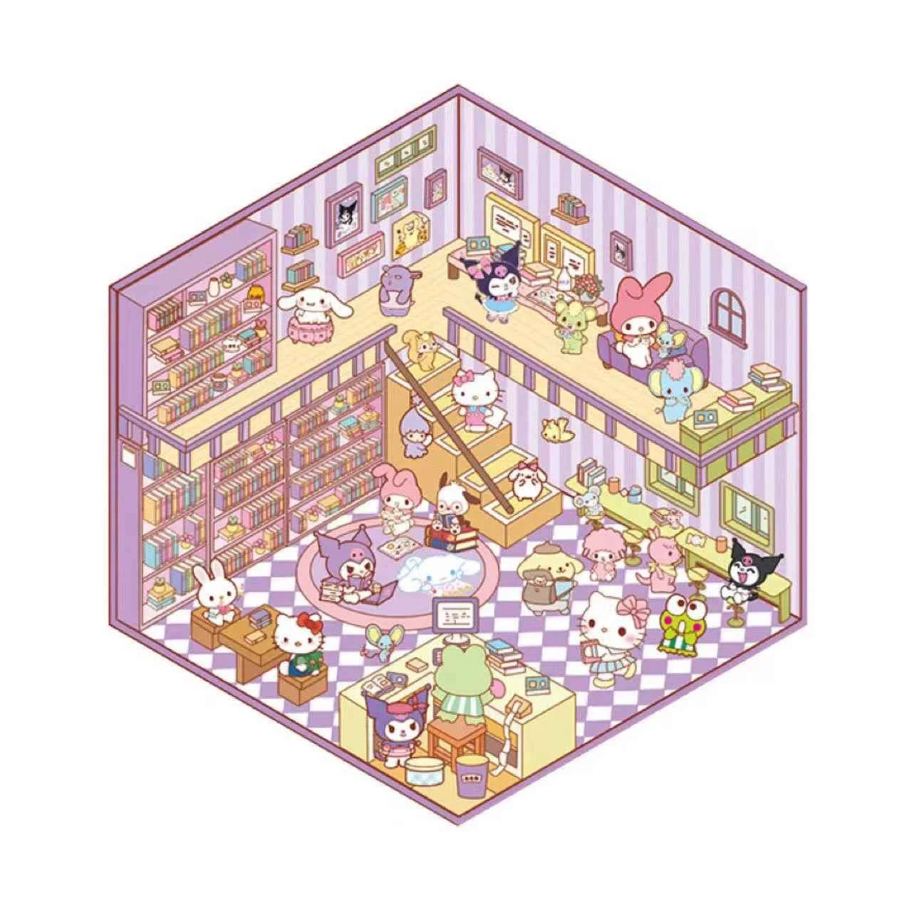 Sanrio Cute Hello Kitty 3D Isometric Room Stickers Scene - 4 Theme Sets: Music Party | Dessert House | Arcade | Library - SNSEASY