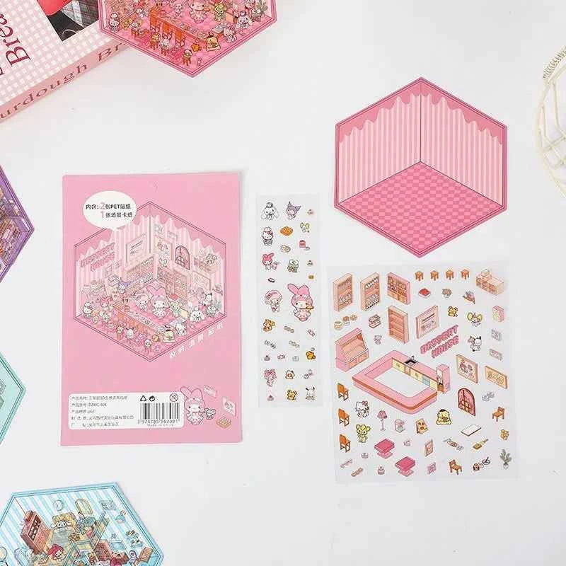 Sanrio Cute Hello Kitty 3D Isometric Room Stickers Scene - 4 Theme Sets: Music Party | Dessert House | Arcade | Library - SNSEASY