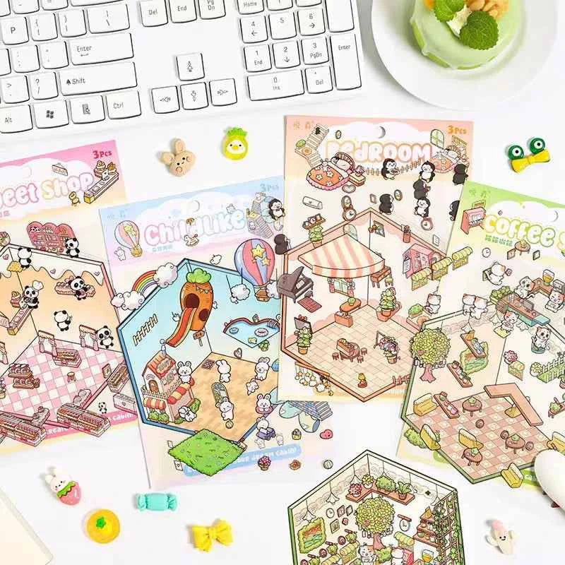 Dream Home 3D Isometric Room Stickers Scene - 4 Theme Sets: Cat Coffee Shop | Penguin Bedroom | Bunny Playground | Panda Dessert Shop - SNSEASY