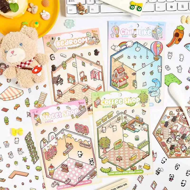Dream Home 3D Isometric Room Stickers Scene - 4 Theme Sets: Cat Coffee Shop | Penguin Bedroom | Bunny Playground | Panda Dessert Shop - SNSEASY