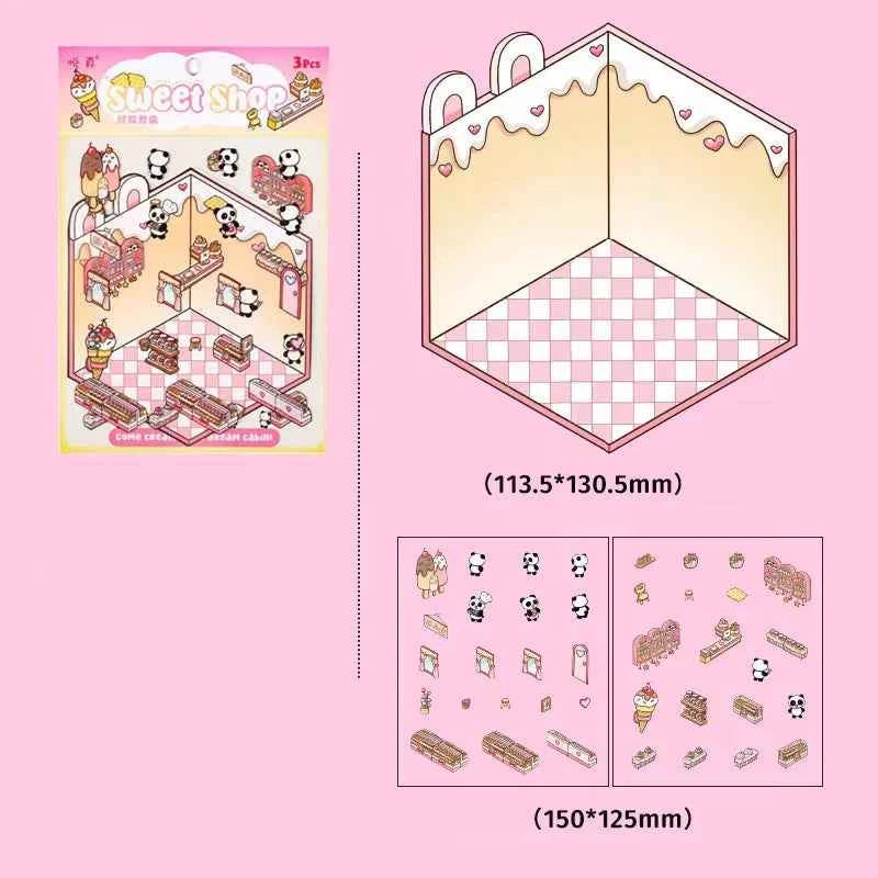 Dream Home 3D Isometric Room Stickers Scene - 4 Theme Sets: Cat Coffee Shop | Penguin Bedroom | Bunny Playground | Panda Dessert Shop - SNSEASY