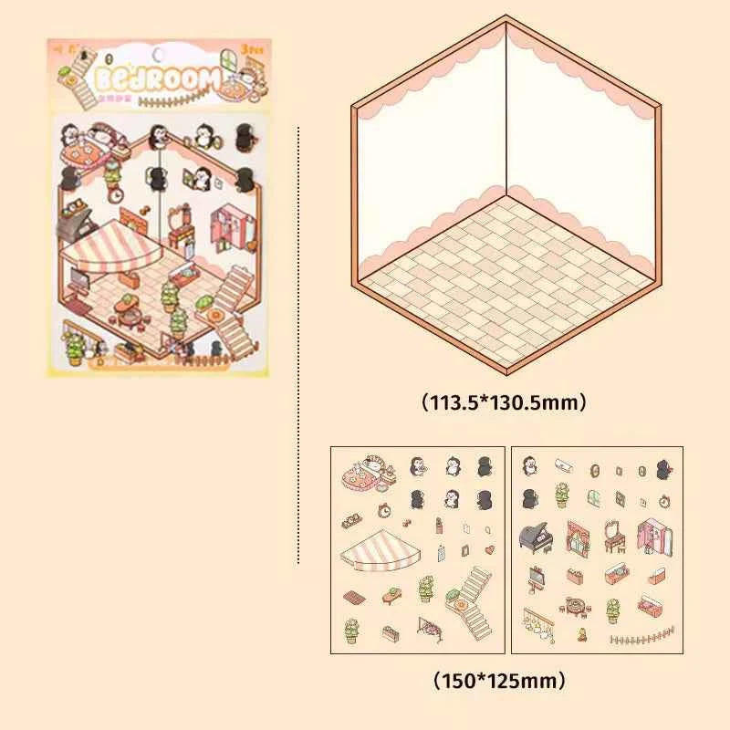 Dream Home 3D Isometric Room Stickers Scene - 4 Theme Sets: Cat Coffee Shop | Penguin Bedroom | Bunny Playground | Panda Dessert Shop - SNSEASY