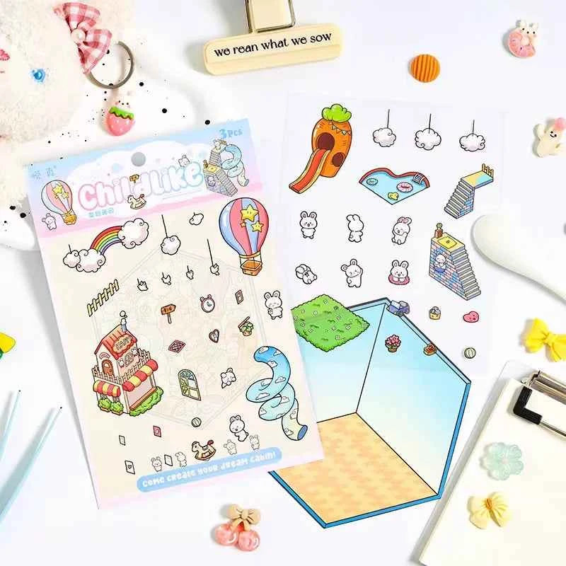 Dream Home 3D Isometric Room Stickers Scene - 4 Theme Sets: Cat Coffee Shop | Penguin Bedroom | Bunny Playground | Panda Dessert Shop - SNSEASY