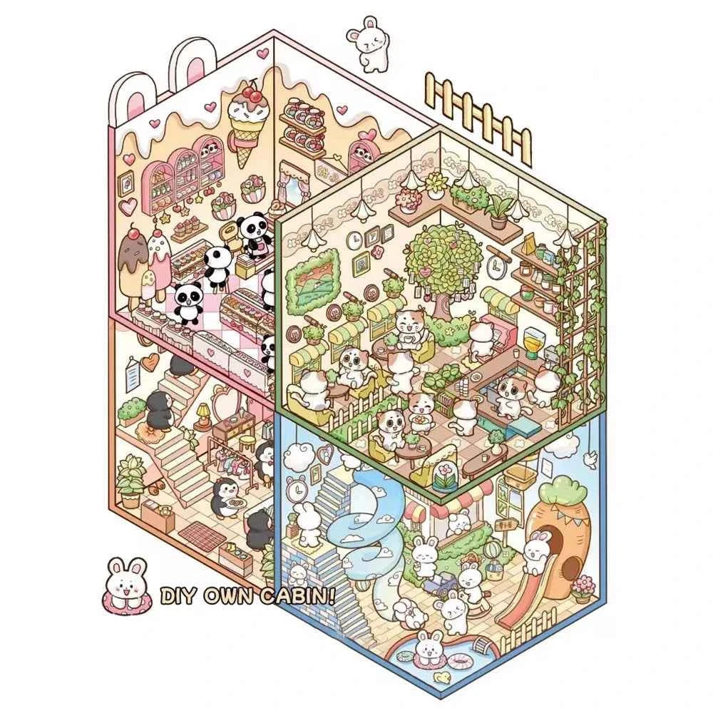 Dream Home 3D Isometric Room Stickers Scene - 4 Theme Sets: Cat Coffee Shop | Penguin Bedroom | Bunny Playground | Panda Dessert Shop - SNSEASY