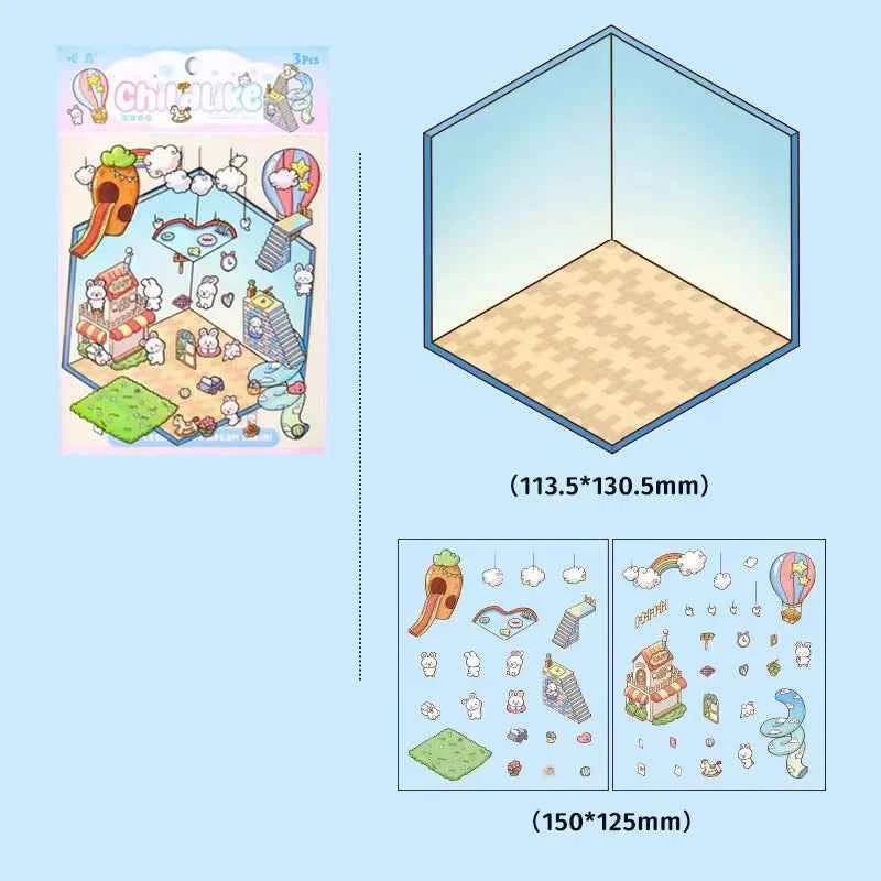 Dream Home 3D Isometric Room Stickers Scene - 4 Theme Sets: Cat Coffee Shop | Penguin Bedroom | Bunny Playground | Panda Dessert Shop - SNSEASY