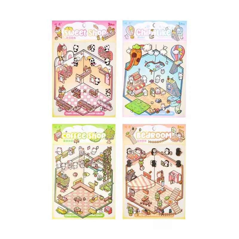 Dream Home 3D Isometric Room Stickers Scene - 4 Theme Sets: Cat Coffee Shop | Penguin Bedroom | Bunny Playground | Panda Dessert Shop - SNSEASY