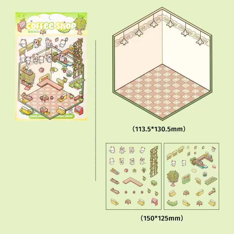 Dream Home 3D Isometric Room Stickers Scene - 4 Theme Sets: Cat Coffee Shop | Penguin Bedroom | Bunny Playground | Panda Dessert Shop - SNSEASY