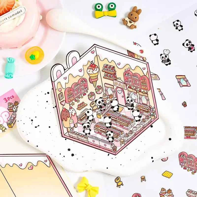 Dream Home 3D Isometric Room Stickers Scene - 4 Theme Sets: Cat Coffee Shop | Penguin Bedroom | Bunny Playground | Panda Dessert Shop - SNSEASY