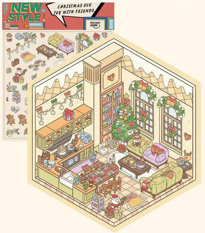 Happy New Year 3D Isometric Room Stickers - 4 Theme Sets: Chinatown Chinese New Year | Merry Christmas Cabin | Christmas Outdoor Joy | Tailor Shop - SNSEASY