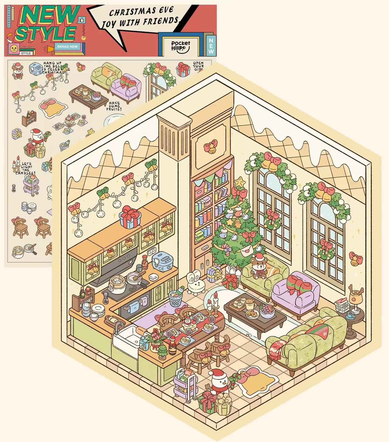 Happy New Year 3D Isometric Room Stickers - 4 Theme Sets: Chinatown Chinese New Year | Merry Christmas Cabin | Christmas Outdoor Joy | Tailor Shop - SNSEASY