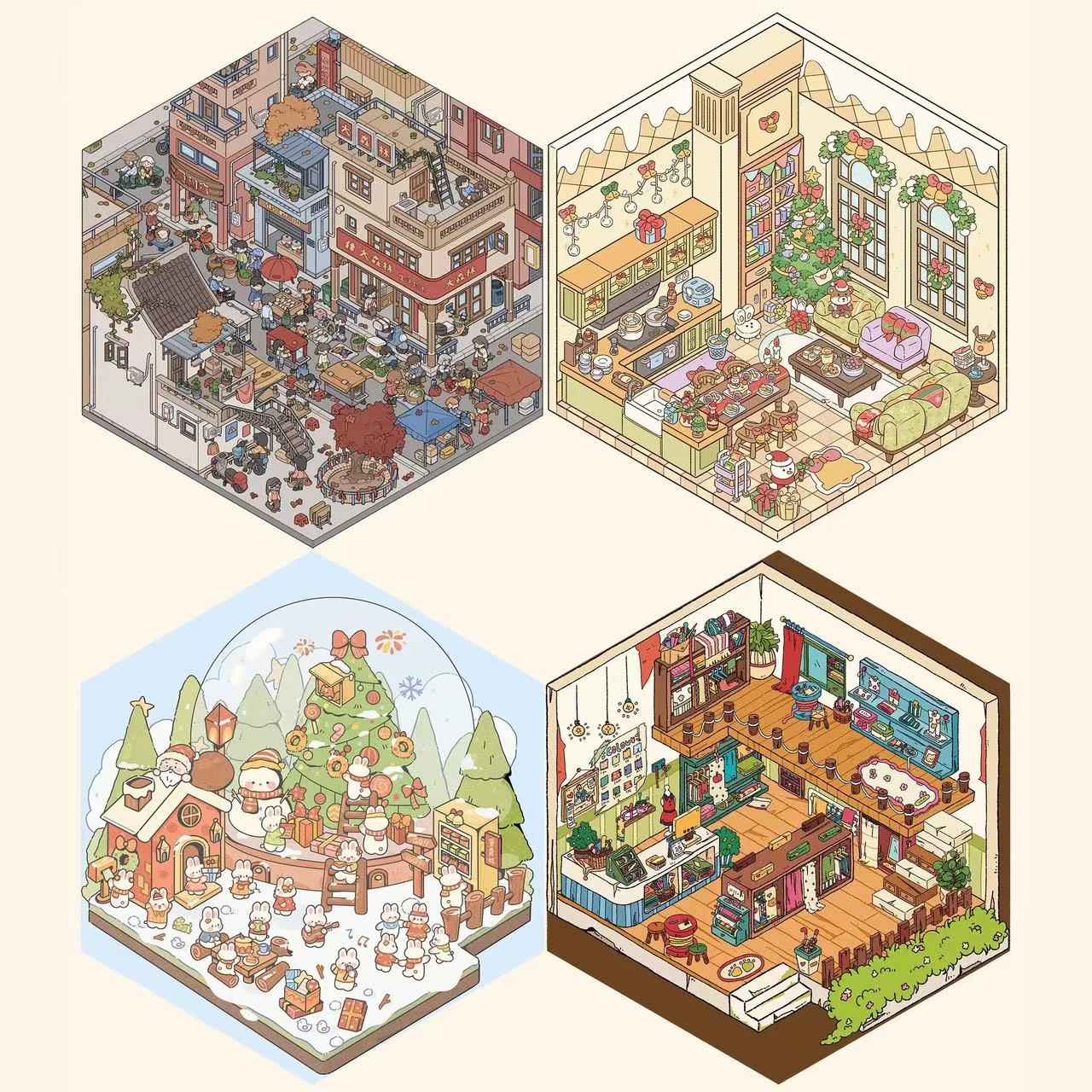 Happy New Year 3D Isometric Room Stickers - 4 Theme Sets: Chinatown Chinese New Year | Merry Christmas Cabin | Christmas Outdoor Joy | Tailor Shop - SNSEASY