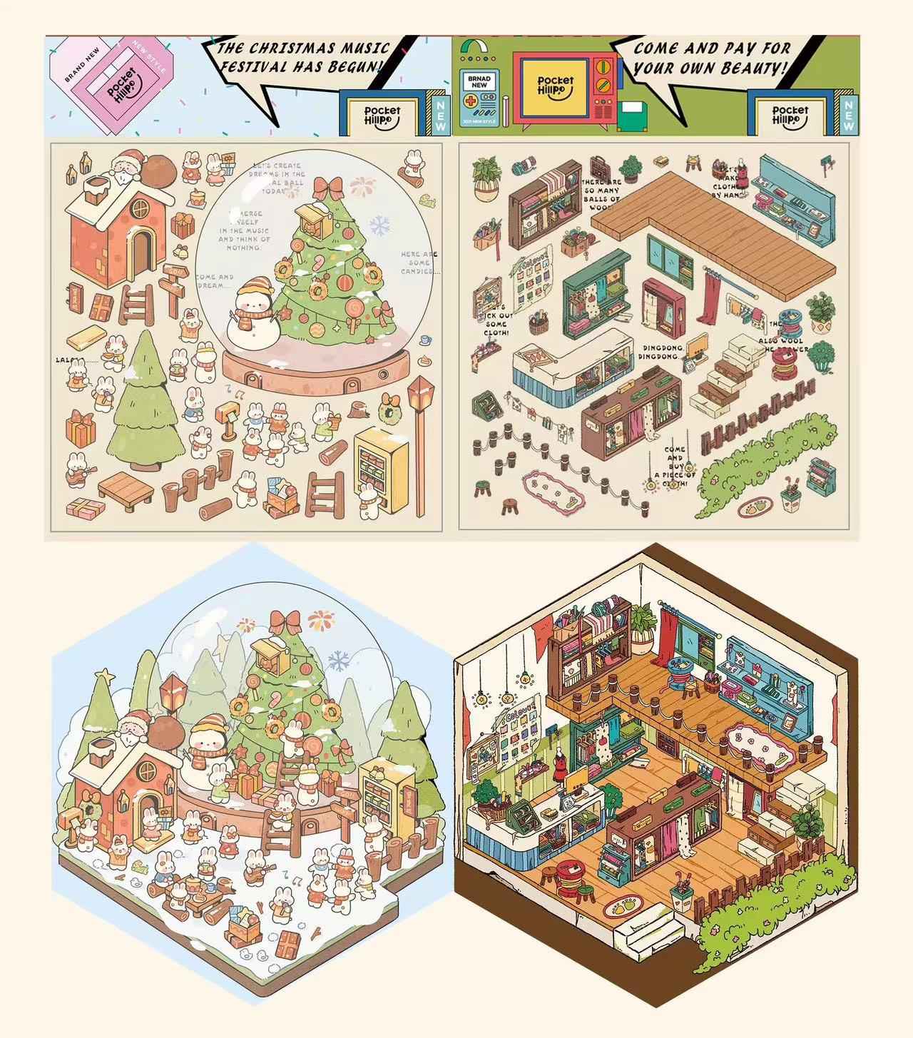 Happy New Year 3D Isometric Room Stickers - 4 Theme Sets: Chinatown Chinese New Year | Merry Christmas Cabin | Christmas Outdoor Joy | Tailor Shop - SNSEASY