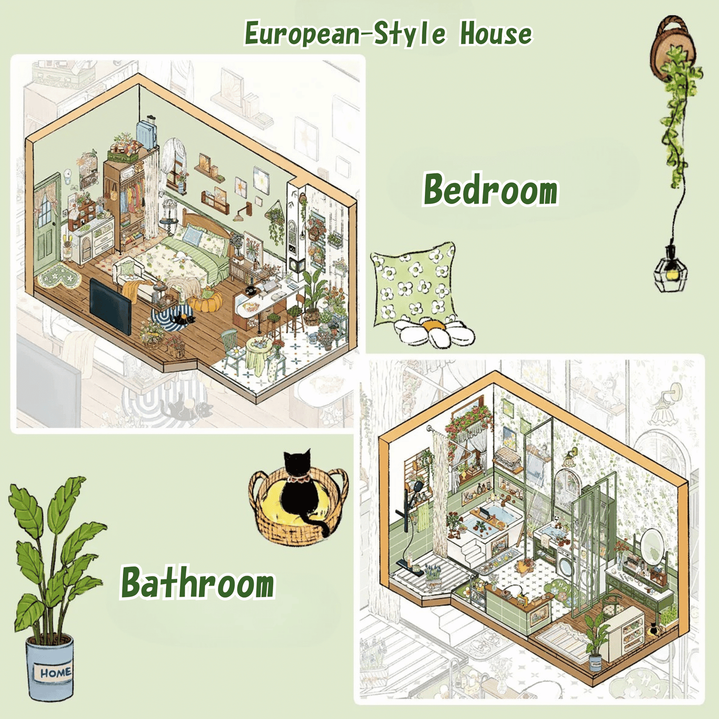 European-Style House – 3D Miniature Scene Stickers – 2 Theme Sets: Bedroom | Bathroom