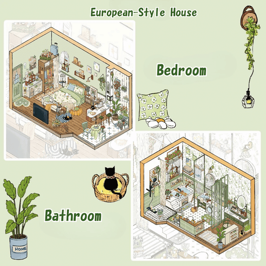 European-Style House – 3D Miniature Scene Stickers – 2 Theme Sets: Bedroom | Bathroom