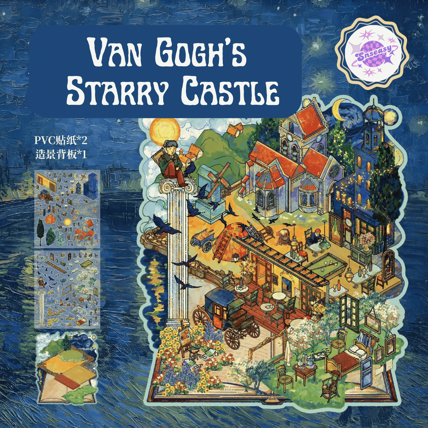 Dreamscape Oil Painting Series – 3D Miniature Scene Stickers – 2 Theme Sets: Van Gogh’s Starry Castle | Monet’s Garden Tea Party