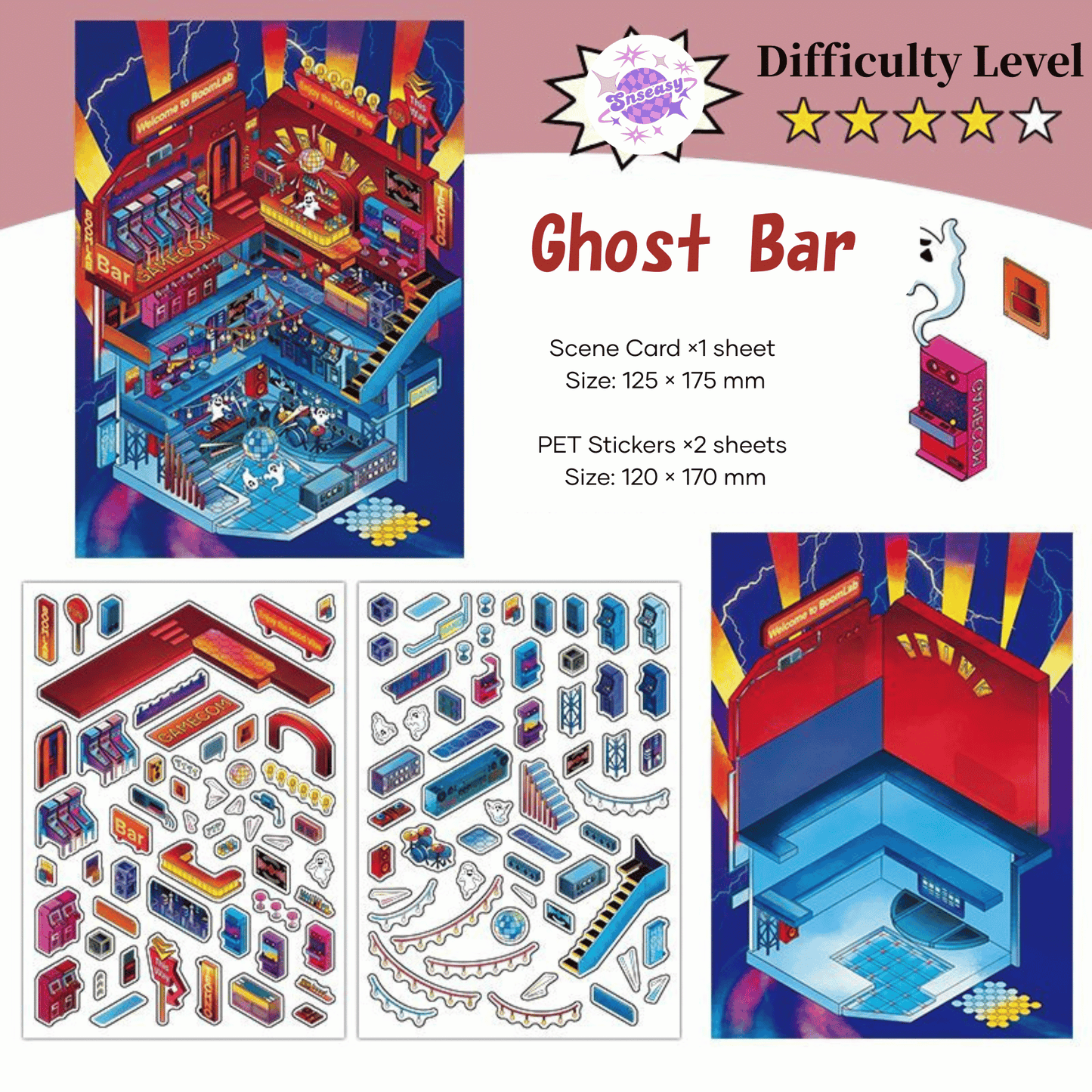 Vintage Horror Series – 3D Miniature Scene Stickers – 4 Theme Sets: Haunted Bank | Ghost Bar | Deep Sea Castle | Pipeline Café