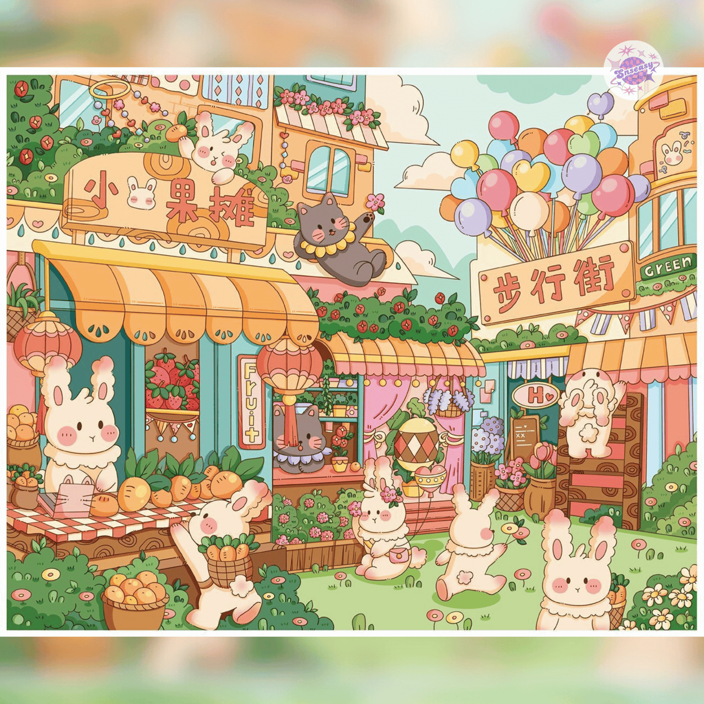 Cute Bunny Market – Plus Size 3D Miniature Scene Stickers – 4 Theme Sets: Cake House | Warm Home | Shopping Street | Bunny Market
