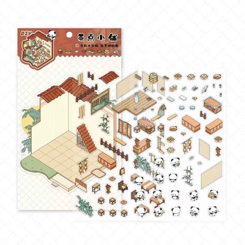 Chinese Panda 3D Isometric Room Stickers - 4 Theme Sets: Panda Tea Bar | Panda Market | Panda Hot Springs | Panda Study Room - SNSEASY